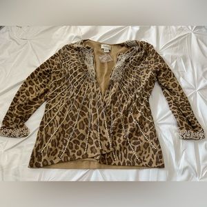 Nieman Marcus Vintage Pearl & Rhinestone Leopard Print Cardigan
